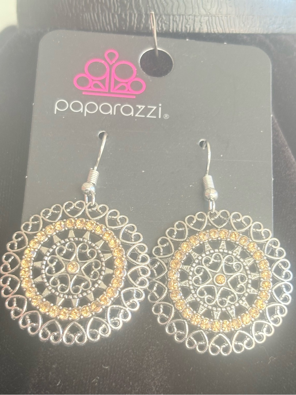 Paparazzi Silver Filigree Circle Earrings with Amber Rhinestones-B